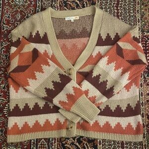 C.C California Women's Cardigan with Geometric Pattern - Tan, Brown, and Orange